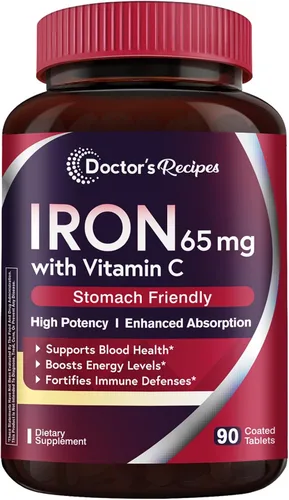 Vista 10 de Doctor's Recipes Suplemento de hierro de 65 mg con vitamina C – Absorción maximizada y píldoras de hierro amigables con el estómago