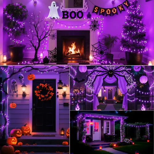 Vista 8 de Luces de cadena navideñas mini de 100 unidades en morado y verde, con certificación UL, equipadas con 8 modos de iluminación, perfectas para patios