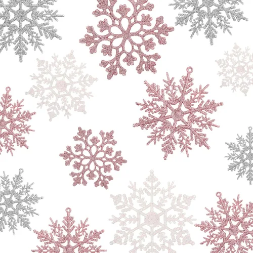 Syhood 48 adornos navideños de copos de nieve con purpurina de 4 pulgadas, adornos de copo de nieve de plástico para colgar manualidades para