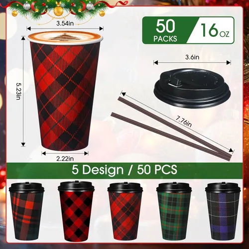 Vista 2 de Uiifan 50 tazas de café desechables de Navidad de 16 onzas, vasos de papel a cuadros, tazas de Navidad con tapas para Navidad, Año Nuevo