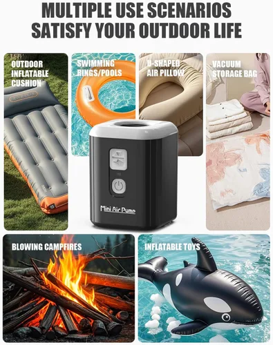 Vista 4 de Portable Air Pump for Inflatables: Mini Air Pump with 1600mAh Battery & Camping Light - Rechargeable Electric Pump for Vacuum Storage Bags, Air