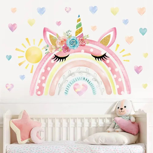 wondever Calcomanías de pared grandes con diseño de arco iris de acuarela, diseño de unicornio y corazones de arco iris, calcomanías de arte para