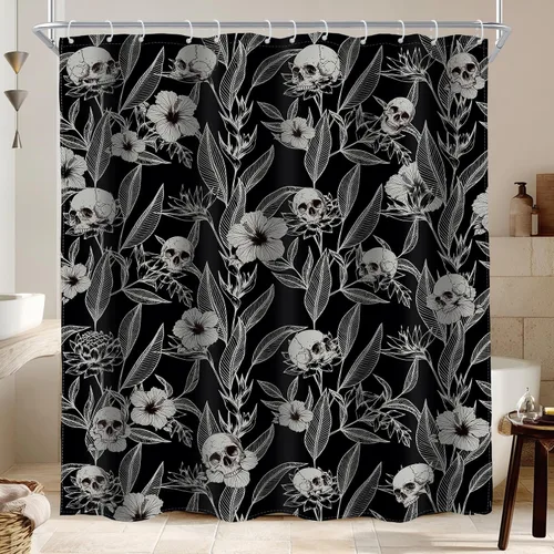 AMBZEK Cortina de ducha con diseño floral de calavera gótica, 60 pulgadas de ancho x 72 pulgadas de largo, para hombre, esqueleto gótico,