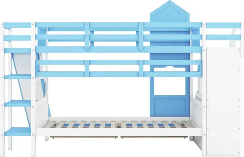 Vista 79 de Cama de casa de tamaño individual con elegantes ventanas y estantería, litera con diseño de castillo de madera con barandillas de seguridad