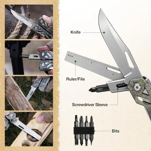 Vista 6 de MOSSY OAK Multiherramienta, alicates de acero inoxidable 22 en 1 con funda para destornillador, mango de acero de camuflaje, cuchillo autoblocante