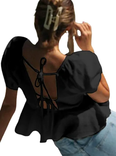 Vista 5 de Remidoo Blusa corta de manga corta abombada con cuello en V y dobladillo con volantes para mujer