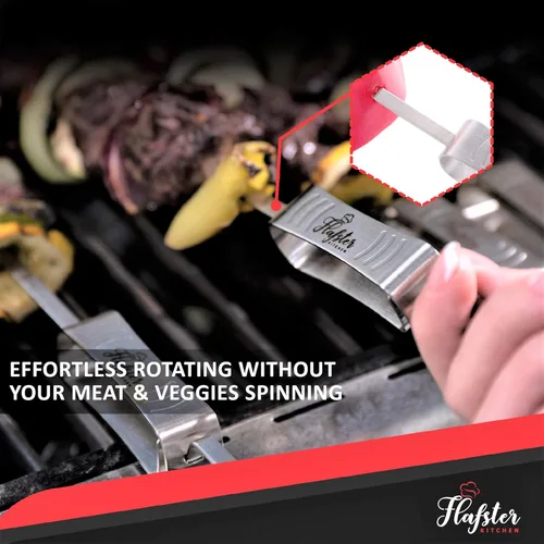 Vista 5 de FLAFSTER KITCHEN - Brochetas de barbacoa para asar – Palos de Kebab planos de acero inoxidable de 16 pulgadas con barra de empuje, brochetas