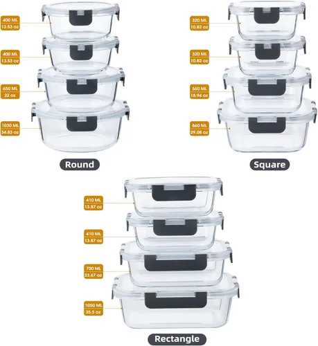 Vista 2 de 24 recipientes de vidrio para preparación de comidas, recipientes de almacenamiento de alimentos de vidrio con tapas, reutilizables, herméticos, a