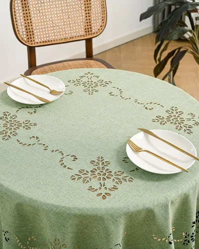 Vista 3 de Wracra Mantel redondo de macramé impermeable, estilo lino de granja, resistente a las arrugas, lavable, para interiores y exteriores