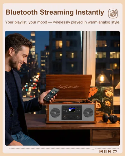 Vista 7 de Tocadiscos Bluetooth retro 10 en 1 con altavoces estéreo, tocadiscos de vinilo de 3 velocidades, reproductor de CD, reproducción y grabación USB/SD