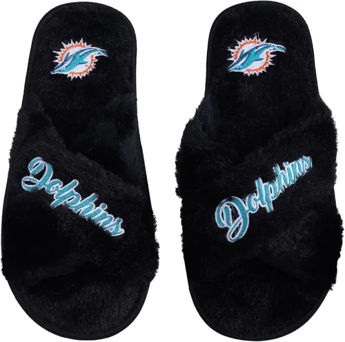 Vista 23 de FOCO Pantuflas deslizantes cruzadas mullidas con logotipo de texto del equipo NFL para mujeres