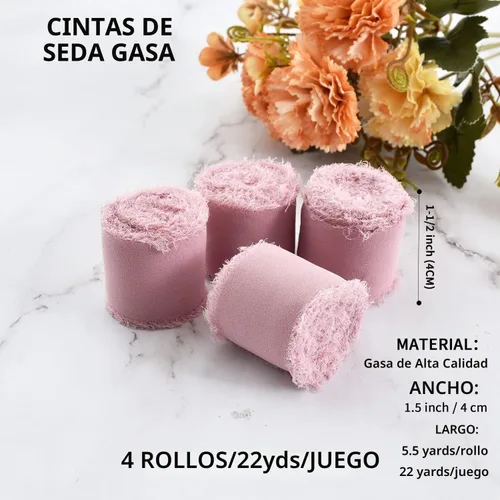Vista 2 de TONIFUL 4 rollos de cinta de gasa de seda, 1-1/2 pulgadas x 22 yardas, cintas de gasa rosa nude, cinta de seda hecha a mano con flecos y bordes
