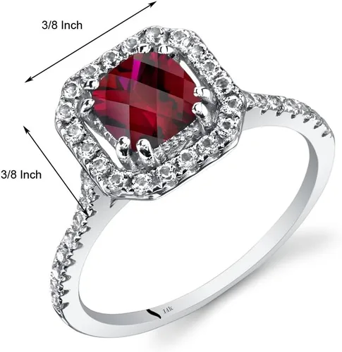 Vista 2 de PEORA Anillo de rubí creado para mujer, oro blanco de 14 quilates con topacio blanco auténtico, corte cojín de 1 quilate de 0.236 in, diseño