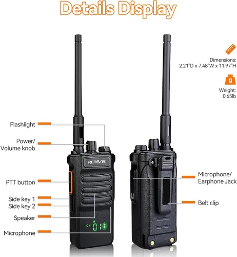Vista 9 de Retevis Radio RT86 de 2 vías de largo alcance, radio profesional Walkie Talkies con micrófono, radios bidireccionales resistentes, alta potencia