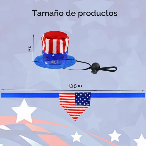 Vista 2 de 4 piezas de disfraz para el Día de la Independencia de las mascotas, sombrero de conejillo de indias para el 4 de julio, bandana triangular