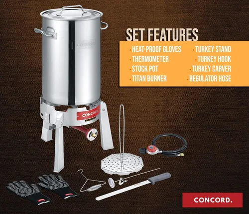 Vista 2 de Kit de freidora de pavo Concord de acero inoxidable resistente con quemador Titan, rejilla, cortador, gancho, termómetro, hervidor de langosta y más
