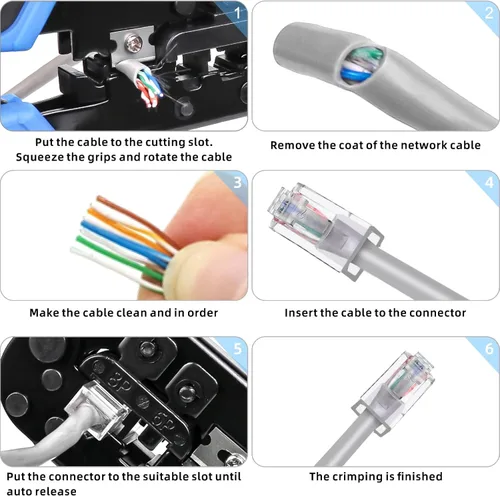 Vista 7 de Crimpadora de red, cortador pelacables - RJ11 RJ12 RJ45 6P6C/4C, 8P8C Conector Crimper Alicates, para cables de red y teléfono, herramientas