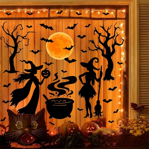 Vista 2 de Calcomanías de Halloween para ventana, calcomanías de brujas negras, calcomanías de pared de Halloween, murciélagos de árbol negro, murales de arte