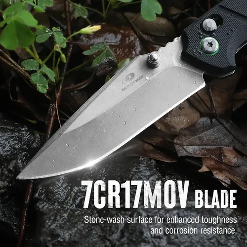 Vista 4 de Mossy Oak Cuchillo de bolsillo plegable, hoja de acero inoxidable con acabado stonewash de 4", cuchillo EDC, mango G10 con Axis Lock y clip