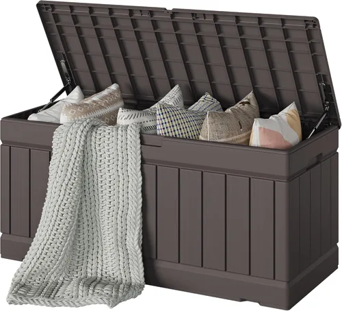 Vista 29 de Devoko - Caja de almacenamiento de 30 galones para terraza, resina impermeable, para exteriores y patio, banco con cerradura para herramientas