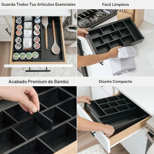 Vista 3 de KitchenEdge Organizador de cajón de cocina para bolsitas de té y cápsulas de café, expandible de 9.7 a 17 pulgadas, 10 compartimentos de Negro Bambú