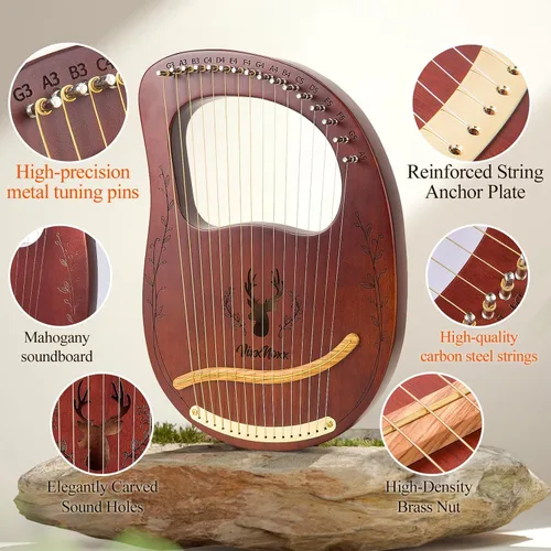 Vista 2 de Arpa de Lira, Kit de Arpa Lyra de 16 Cuerdas de Caoba, Instrumentos Musicales de Cuerda con Llave de Afinación, Bolsa de Instrucciones, Cuerdas