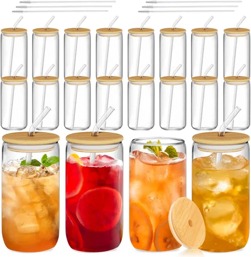 Vista 9 de 12 Pcs Glass Cups with Bamboo Lids and Straws - 16oz Glass Tumbler, Iced Coffee Cup, Can Shaped Drinking Glasses for Coffee, Tea, Smoothie, Juice