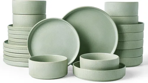 Vista 12 de Juego de vajilla Famiware Star con tazas, servicio para 4 (16 piezas), platos y cuencos de gres acanalado, resistentes a las astillas y a