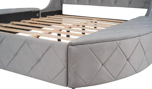 Vista 25 de Elegante cama de plataforma tapizada de terciopelo con 1 cajón grande y 2 taburetes de almacenamiento laterales, base de colchón de plataforma