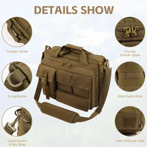 Vista 5 de GES Maletín táctico, 15.6 pulgadas para hombre, maletín militar para hombres, caqui