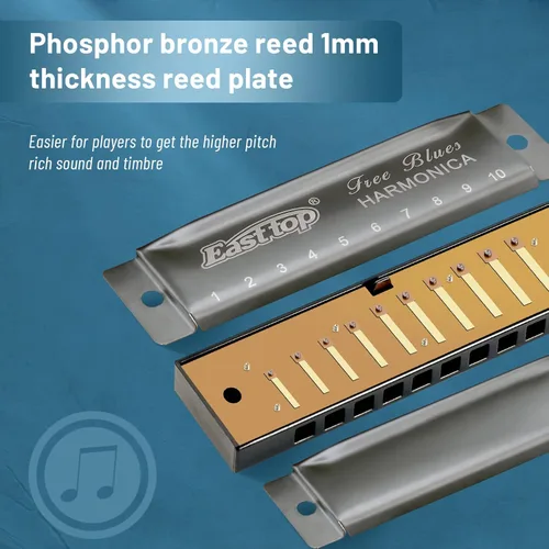 Vista 3 de East top Armónica, armónica Diatonic Blues Deluxe Clave de C, 10 agujeros, 20 tonos, Arpa de arpa, órgano de boca de arpa para adultos