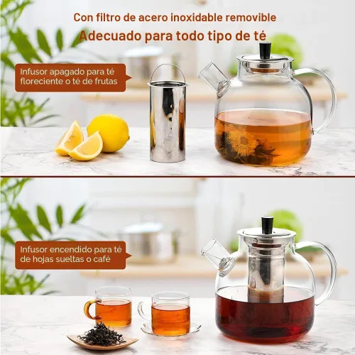 Vista 3 de Tetera de vidrio de 1500 ml (50 oz) con infusor extraíble, tetera grande segura para estufa Ehugos, hervidor artesanal para té floreciente