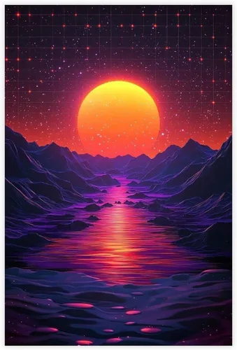 Retro Synthwave Wall Art – Abstract Sci-Fi Universe Print – Neon 80s Futuristic Poster Poster Canvas Artwork Prints Rustic Farmhouse Decorations for