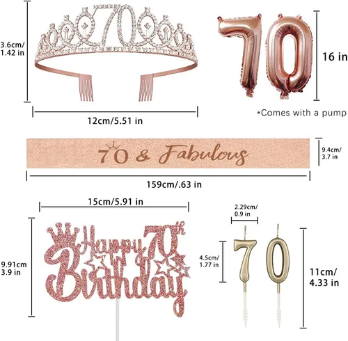 Vista 4 de Decoraciones de cumpleaños número 70 para ella – 5 regalos que incluyen corona de tiara 70, banda, decoración de pasteles, globos, velas