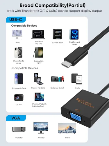 Vista 7 de CableCreation Adaptador USB C a VGA para monitor Mac antiguo, tipo C a V G A 1080P @60Hz, USBC a VG A Convertir Thunderbolt 3/4 a V GA para iPhone
