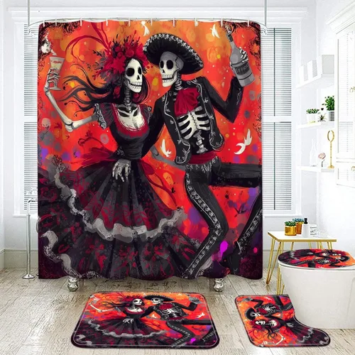 Vista 8 de Juego de cortina de ducha navideña con alfombrilla de baño (casa roja y camión)