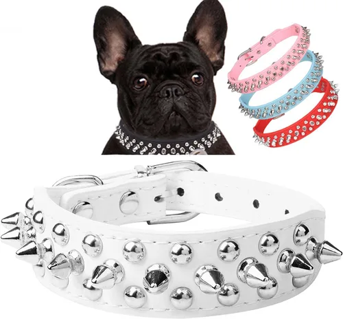 Vista 4 de Serijoars Collar para perro con pinchos, de piel sintética suave con remaches de hongos, collar ajustable para cachorros (XS, marrón)