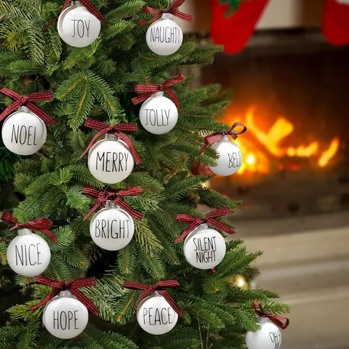 Vista 2 de Adornos de Navidad - Juego de 12 Bombillas Blancas Resistente a Romperes Adornos con Lazos de Cuadros de Búfalo - Decoraciones Rústicas de Árbol