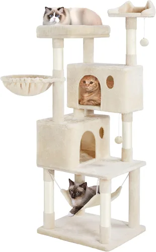 Vista 38 de Yaheetech - Árbol para gatos de 64.5 pulgadas con poste rascador, cama para gatos con cubierta de felpa y hamaca, plataforma, percha para gatos
