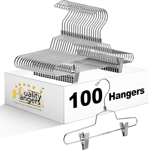 Vista 6 de Perchas de metal de calidad para faldas con clips que ahorran espacio, perchas para pantalones con clips y gancho giratorio de 360°, resistentes al