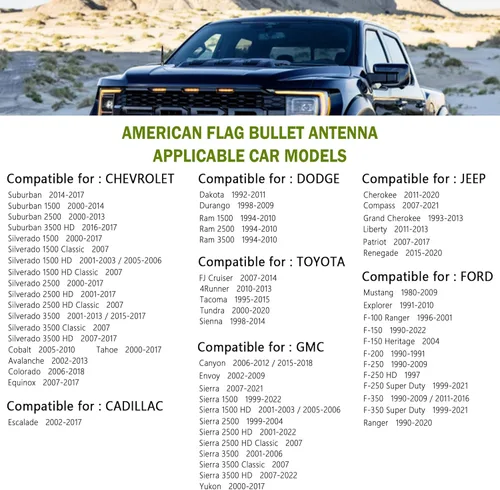 Vista 7 de Nueva mejora de antena de bala con bandera americana para coche, accesorios exteriores de camión, topper de antena compatible con GMC, Chevy