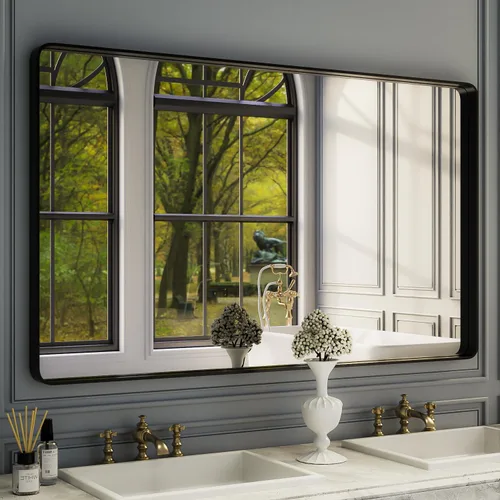 Vista 39 de ISKM Espejo de baño con marco de metal negro para pared de 40 x 32 pulgadas, espejo rectangular redondeado, antioxidante (horizontal/vertical)