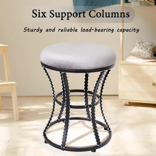 Vista 6 de Taburete de tocador, taburetes grises para sala de maquillaje, taburete otomano redondo, reposapiés de terciopelo para baño, dormitorio, muebles