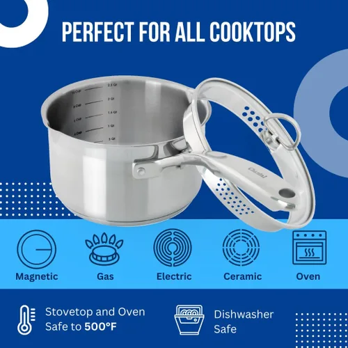 Vista 3 de Chantal Induction 21 - Cacerola de acero de 1.25 cuartos de galón con tapa de vidrio templado, acero inoxidable cepillado