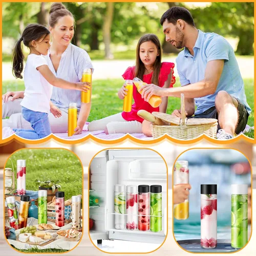 Vista 6 de Lallisa 12 botellas de plástico para jugo de 13.5 onzas con tapas, recipientes transparentes para jugos, botellas sensoriales vacías reutilizables