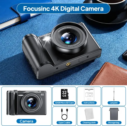 Vista 6 de Cámara digital 4K para fotografía, Focusinc de 56 MP y 3 pulgadas, pantalla abatible de 180°, enfoque automático para vlogging y cámara de disparo