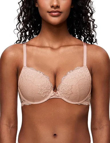 Vista 19 de Deyllo - Brasier de encaje para mujer con efecto de realce de busto, cómodo, con relleno, aros, levanta y añade una copa a tu busto Ámbar dorado
