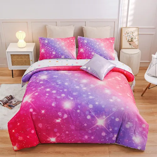 Vista 16 de A Nice Night Juego de ropa de cama de 6 piezas con purpurina degradada para niñas, tamaño Twin, juego de edredón colorido de galaxia arcoíris, Azul