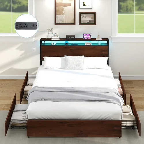 Vista 18 de Kiivakii Estructura de cama tamaño completo con cabecero, cama plataforma LED con 4 cajones de almacenamiento, estación de carga integrada, sin