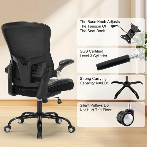 Vista 5 de Silla de oficina ergonómica, silla de escritorio ergonómica de piel sintética con respaldo de malla, soporte lumbar ajustable, silla de escritorio